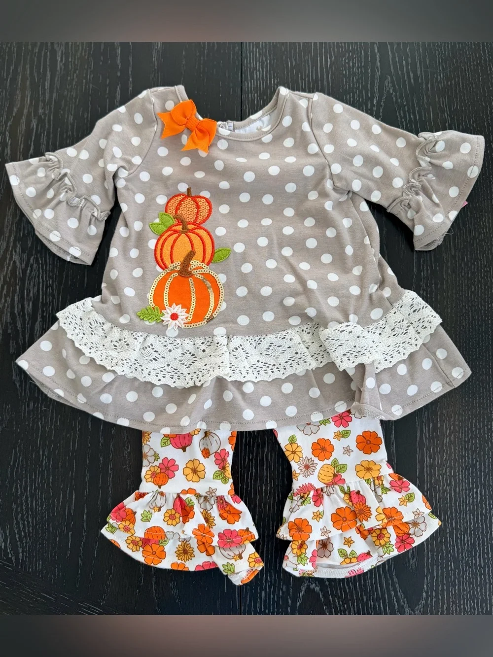 Girls Polka Dot Pumpkin Tunic & Floral Ruffle Leggings - Orange Accent
